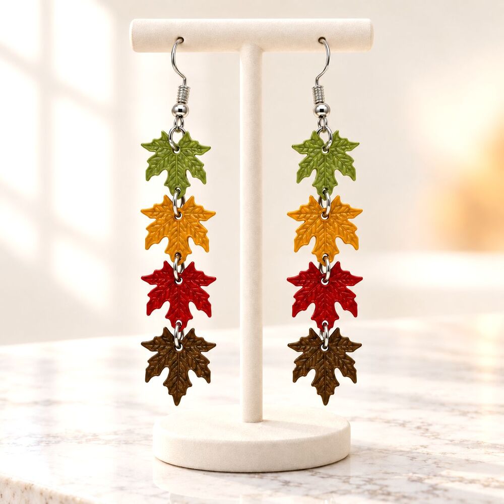 Thanksgiving Maple Leaf Dangle Earrings Multicolor Enamel Fall Jewelry NEW
